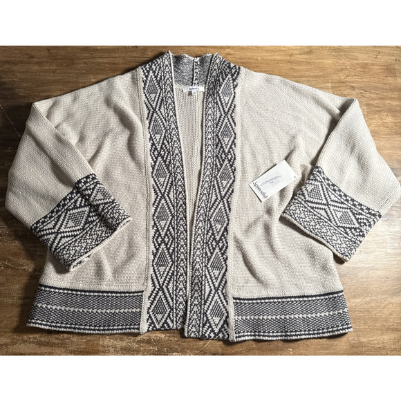 Splendid Kenny Cardigan Printed Geo Boarder Cotton Blend White Sand Large - Picture 2 of 9